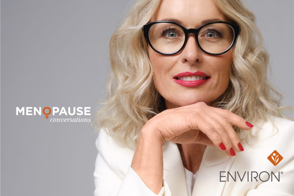 woman wearing like a doctor with the caption "meopause conversations" by Environ